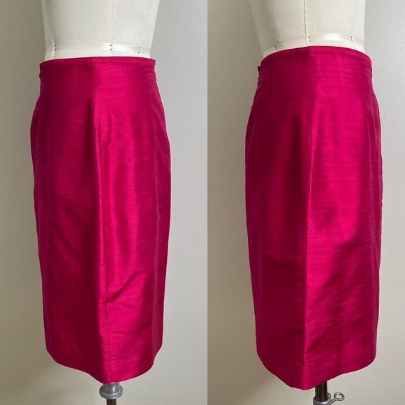 100% DUPIONI SILK BARBIE CORE CAREER SKIRT ZIP UP CLOSURE RICH DEEP PINK - Picture 3 of 12